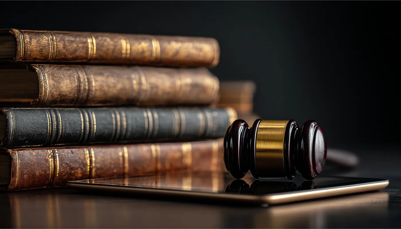 Law books and a judge's gavel on a dark desk
