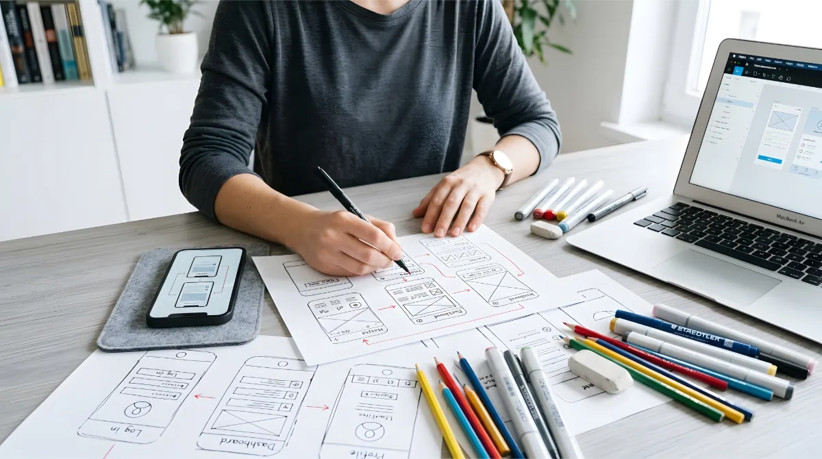 A designer sketching website wireframes on paper next to a laptop