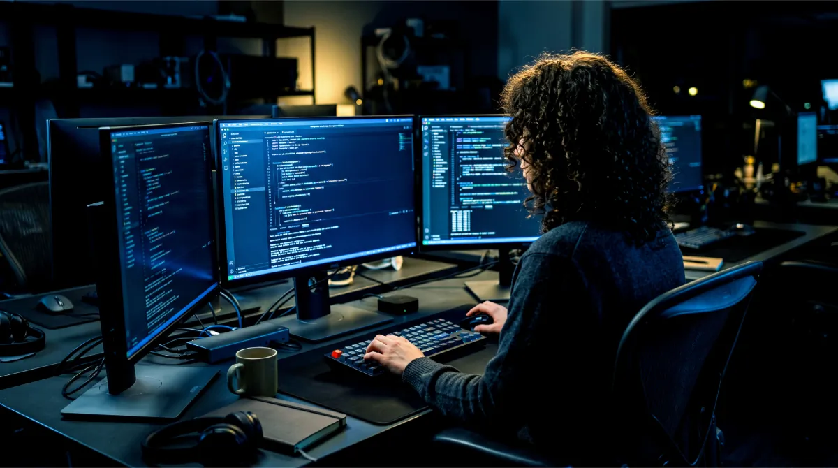 A developer writing code on two monitors in a dark office