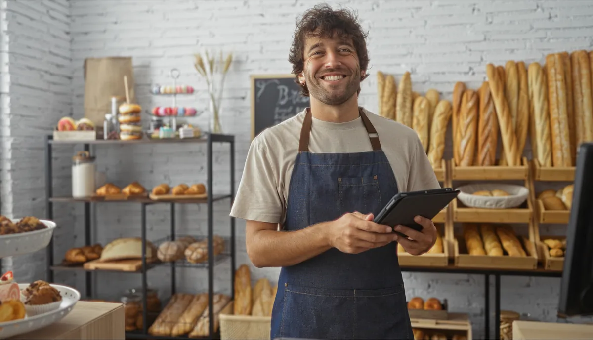 Smiling bakery owner holding a tablet in front of bread shelves