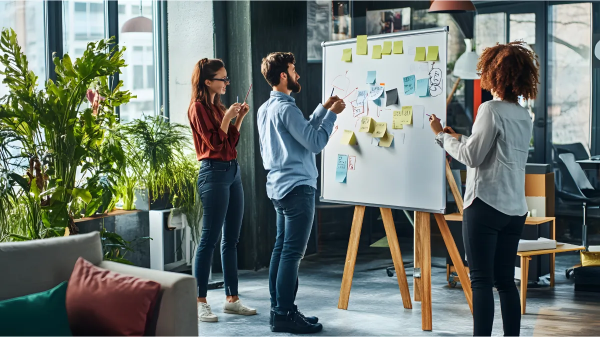 Three colleagues planning on a whiteboard covered in sticky notes