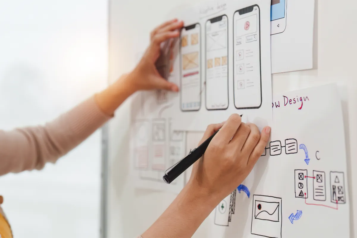 Hands drawing mobile app screens on a whiteboard