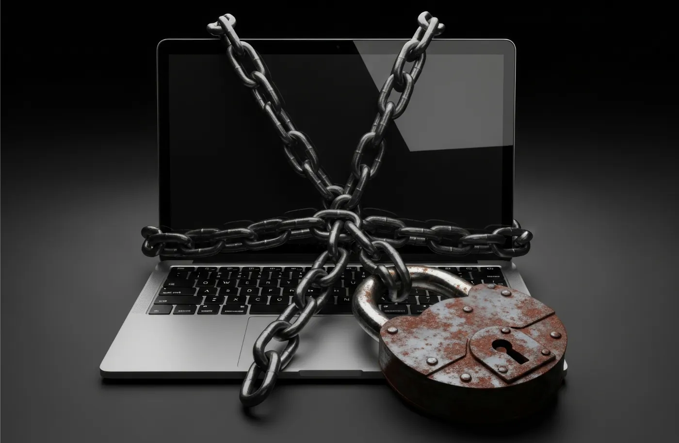 A laptop wrapped in chains with a rusty padlock
