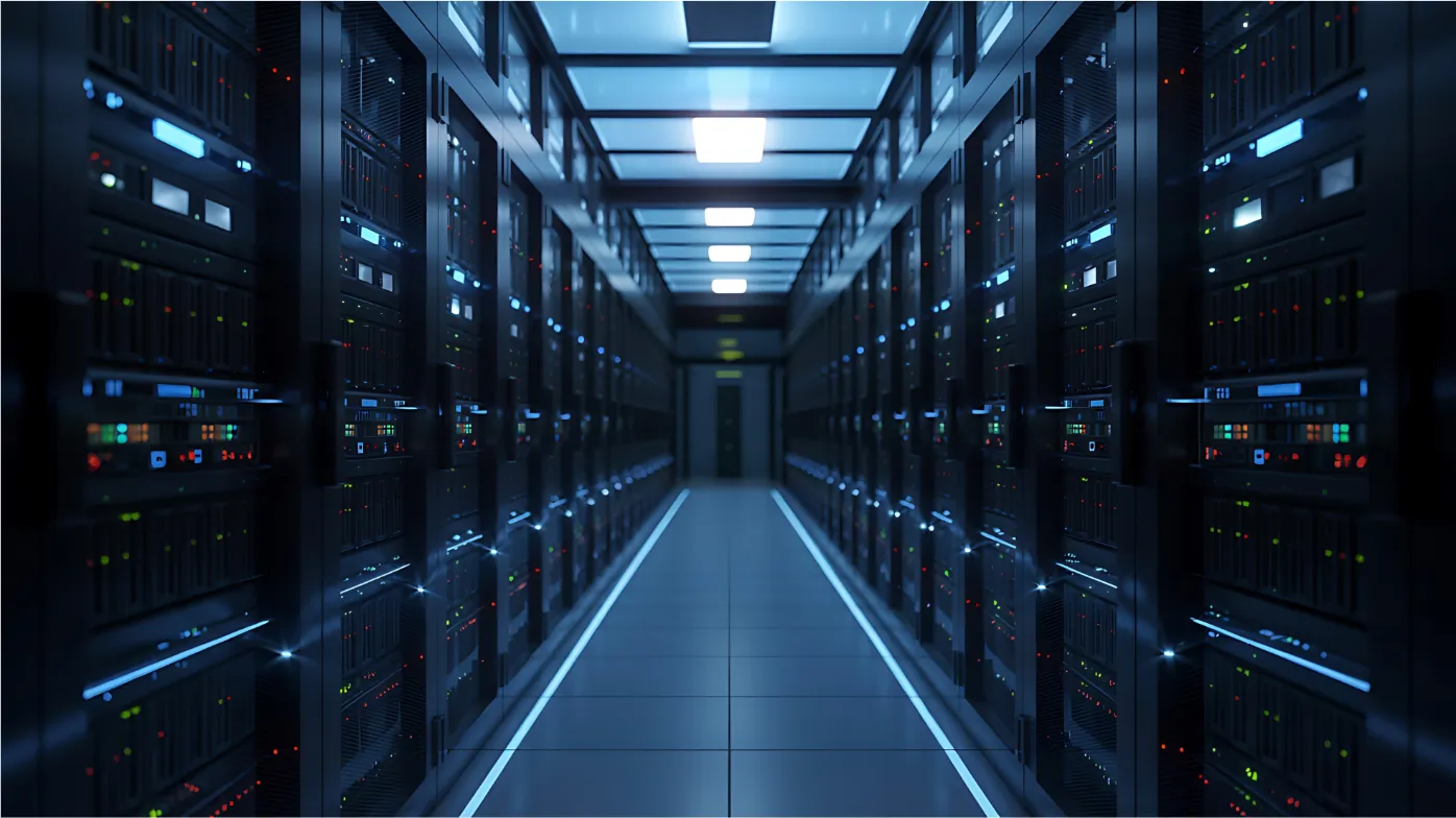 Rows of servers in a dark data centre lit blue