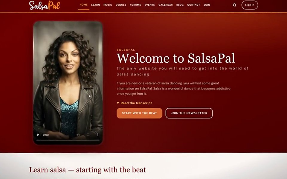 The new SalsaPal home page: “Welcome to SalsaPal” beside a video introduction, with “Start with the beat” and “Join the newsletter” buttons.
