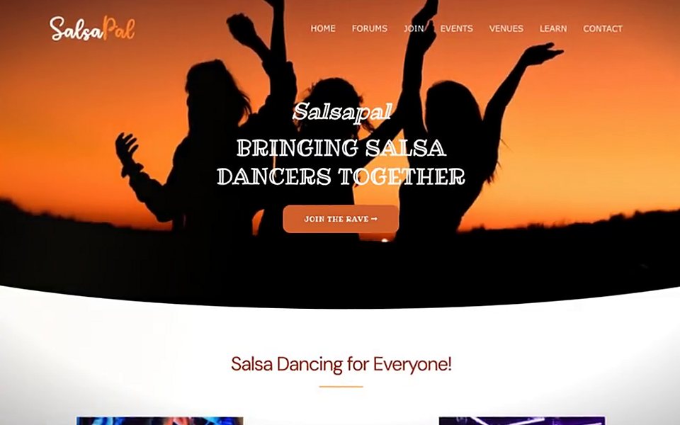 The old SalsaPal home page on WordPress: a sunset photo of dancers under the headline “Bringing salsa dancers together” and a “Join the rave” button.